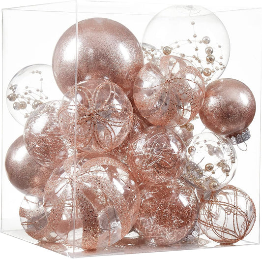 Clear Christmas Ball Ornaments,24ct Shatterproof Plastic Decorative Christmas Ornaments Hanging Xmas Tree Baubles Set with Stuffed Delicate Glittering Decorations for Holiday Party Decor(Rose Gold)