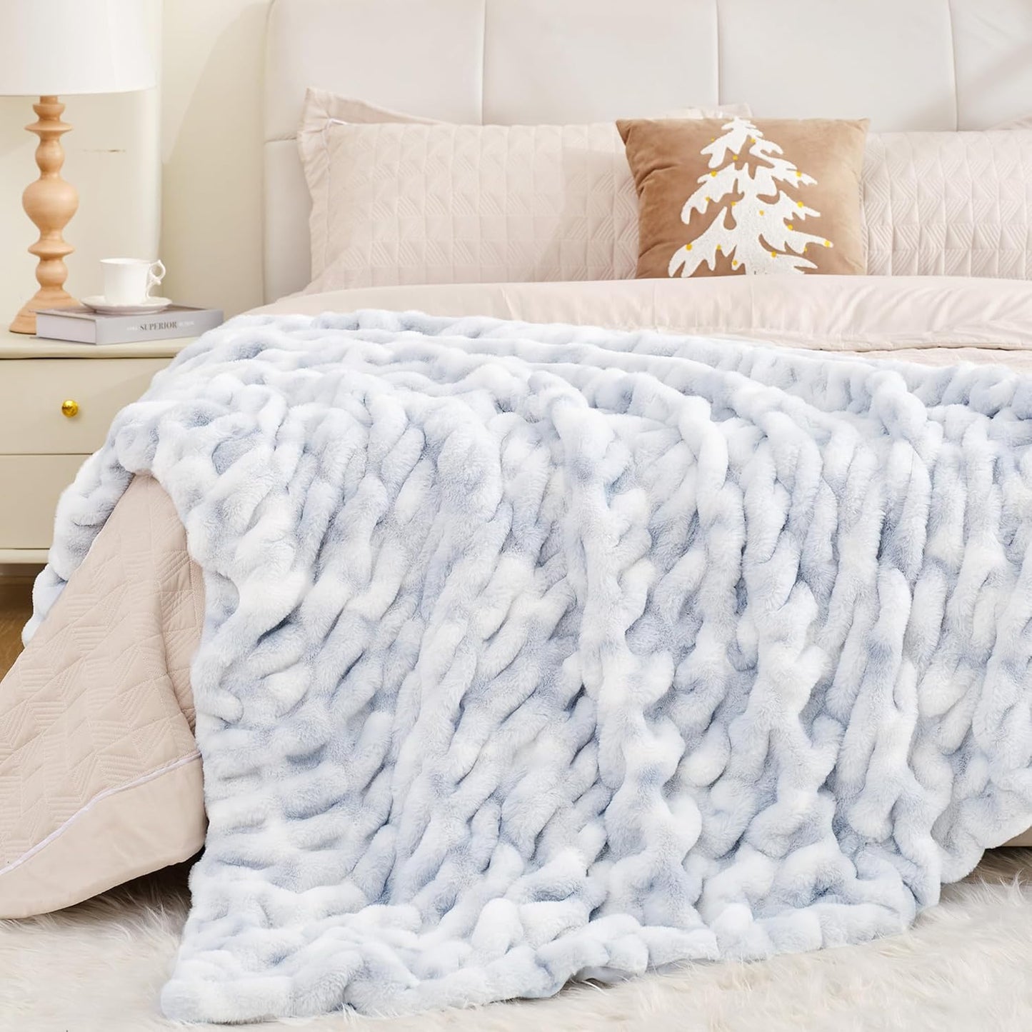 Touchat Ruched Faux Rabbit Fur Throw Blanket, 700 GSM Luxury Dual-Sided Soft Cozy Blanket, Fuzzy Fluffy Plush Blanket for Bed, Couch and Sofa - 50"x60", Tie-dye Blue
