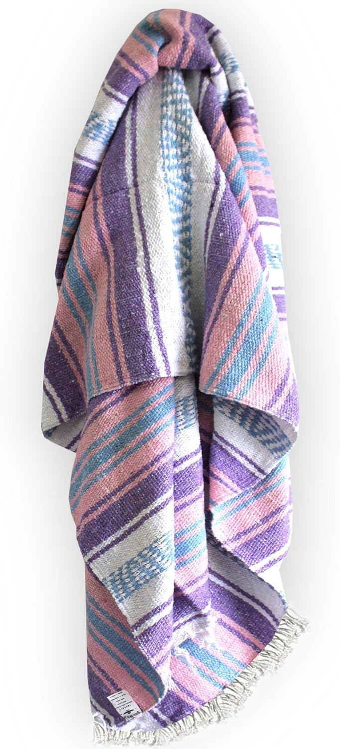 Del Mex Classic Mexican Blanket, Large Authentic Woven Falsa Throw (70"x50"), Artisan Southwest Décor for Beach, Yoga, Outdoors (Lavender/Pink)