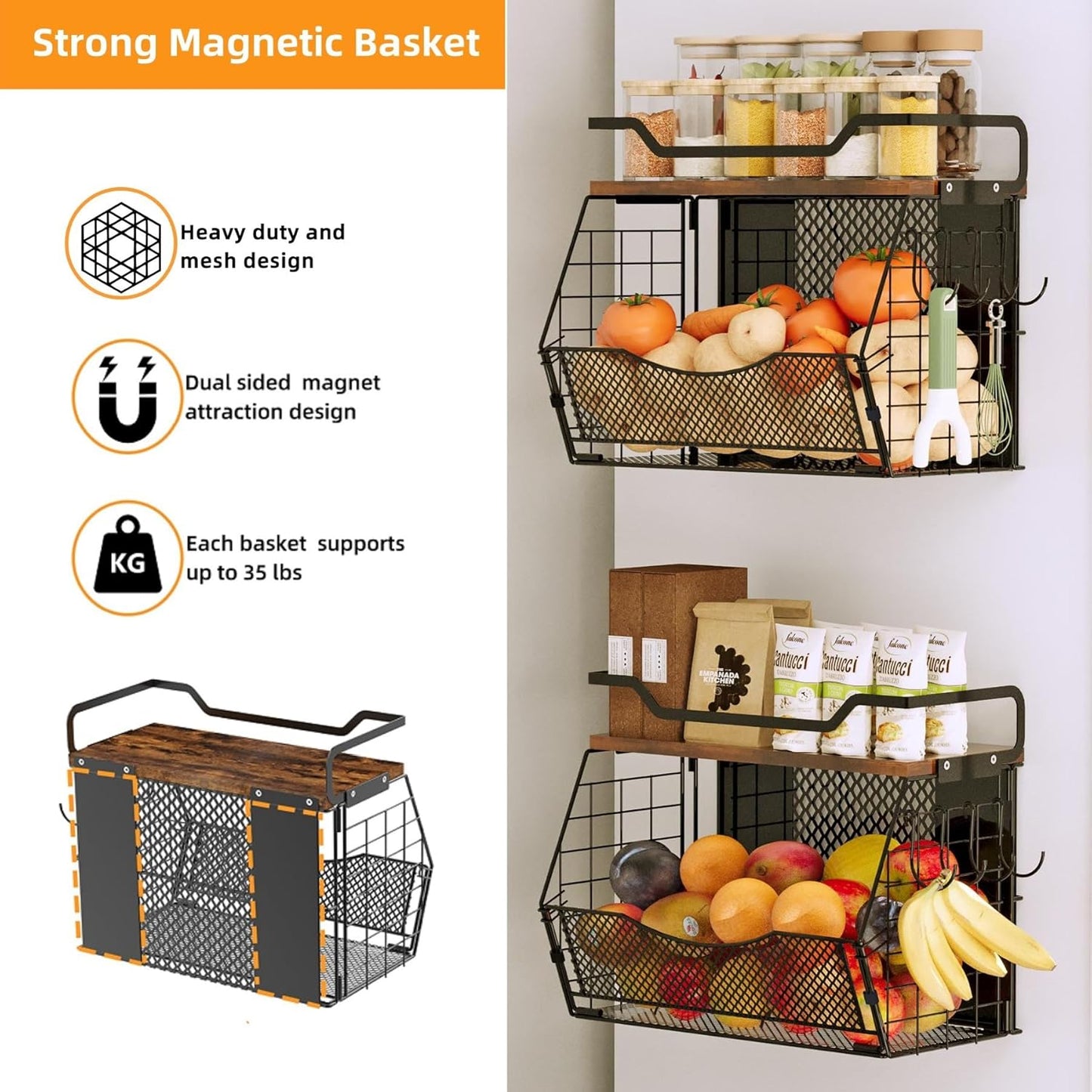 Magnetic Shelf for Fridge with Wood Lid, Large Capacity Magnetic Spice Rack for Refrigerator with 4 Hooks, Magnetic Basket for Kitchen Pantry Laundry Organizers Storage(2 Pack)