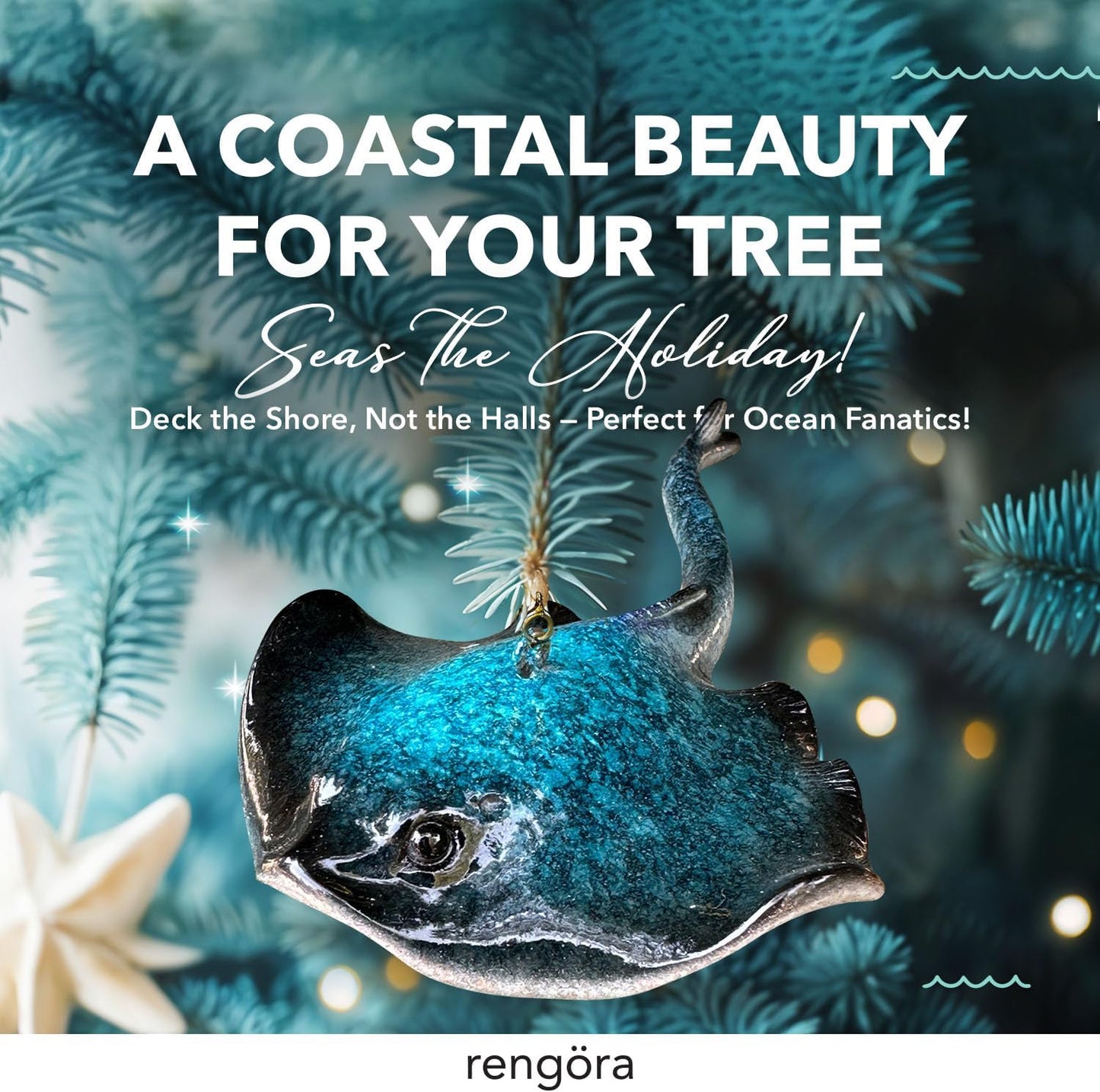 Hand-Painted Beach Christmas Ornament – Coastal Tree Decoration for Ocean Lovers – Unique Nautical Ornament for Christmas Tree or Stocking Stuffer Gift (Blue Stingray)