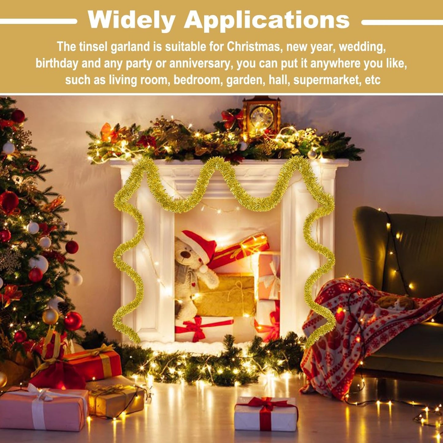 50 Feet Christmas Tinsel Garland, Metallic Twist Wall Hanging Backdrop for Parade Floats, Christmas Eve, New Year Party Decorations (Gold, 2in x 50ft)