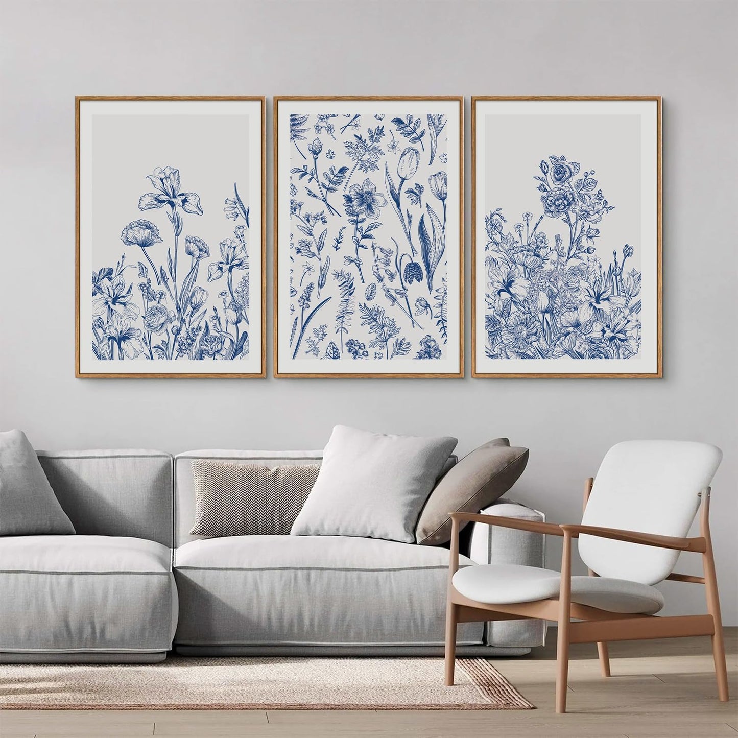SIGNINART Classic Chinoiserie Botanical Framed Canvas Wall Art, Blue and White Floral Wall Decor, Minimalist Flower Artwork, Navy Blue Wildflower Art Painting for Bedroom Living Room Office 24"x36"x3