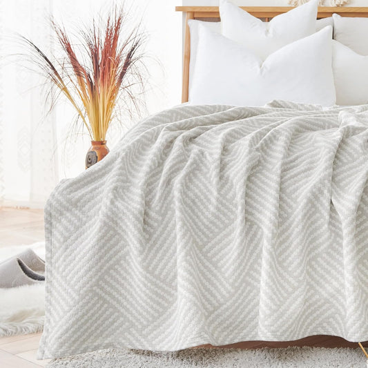 jinchan Boho 100% Cotton Blanket Muslin 50x60 Inches Lightweight 3-Layer Geometric Square Striped Pattern Reversible Quilt Throw Soft Breathable Comfy All Seasons for Couch Bed Decor, Light Grey
