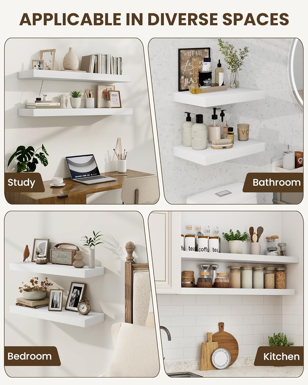 Marsmiles 48" Floating Shelves for Wall, Wooden Shelves with Invisible Brackets Set of 2, Rustic Farmhouse Wall Mounted Shelf for Kitchen Bathroom Living Room Study, White