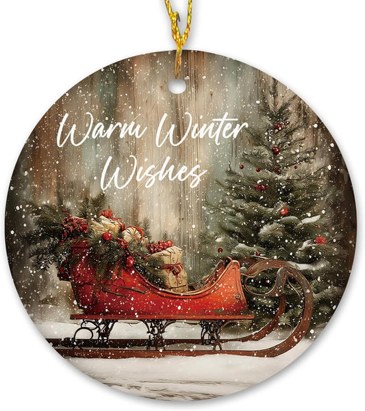 Vintage Rustic Christmas Ceramic Ornament Gifts, Farmhouse Winter Snowy Christmas Sleigh Decorative Hanging Ornaments for Xmas Tree Holiday Party Decoration, Winter Xmas Tree Decorations