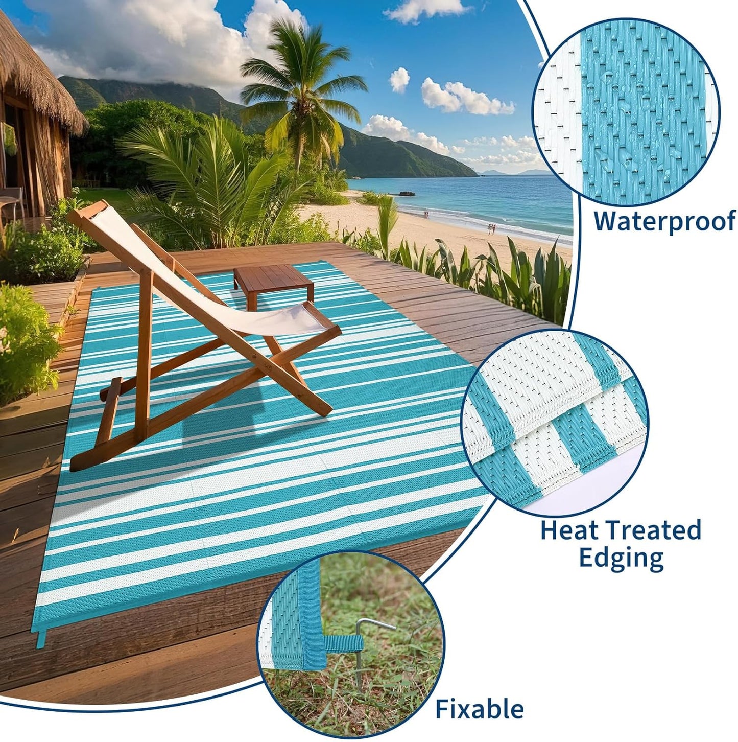 Waterproof Outdoor Rug 8x10 Contemporary Reversible Plastic Straw Rug, Easy Cleaning Striped Patio Carpet, UV-Resistant Indoor Outdoor Floor Cover for RV, Porch, Deck, Backyard, Light Blue