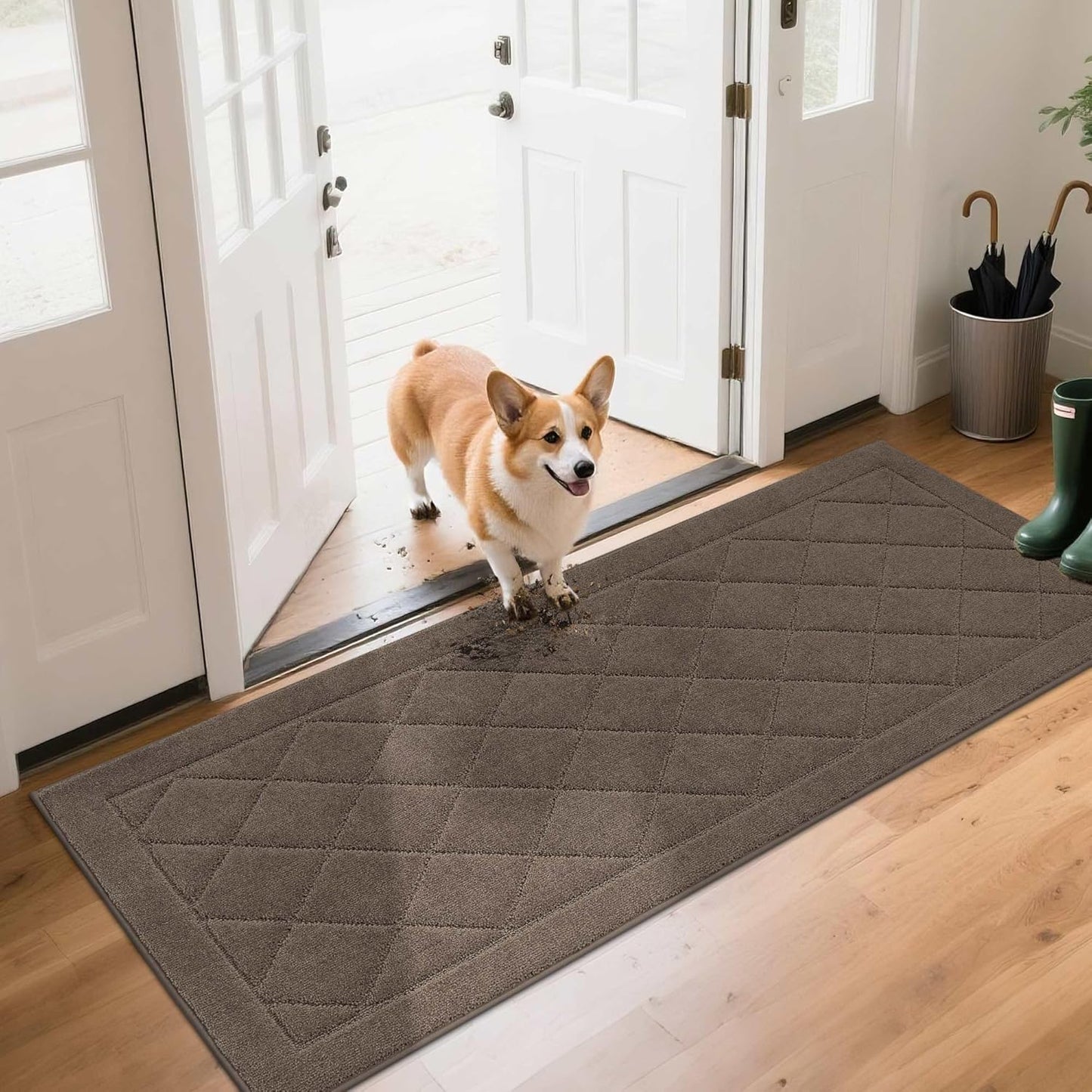 BEQHAUSE Dirt Trapper Door Mat 24" x 60", Doormat Non-Slip Entryway Rugs Washable, Dog Door Mat Stain Resistant and Absorbent Welcome Floor Mat for Front Back Door, Muddy Wet Shoes & Paws, Light Brown