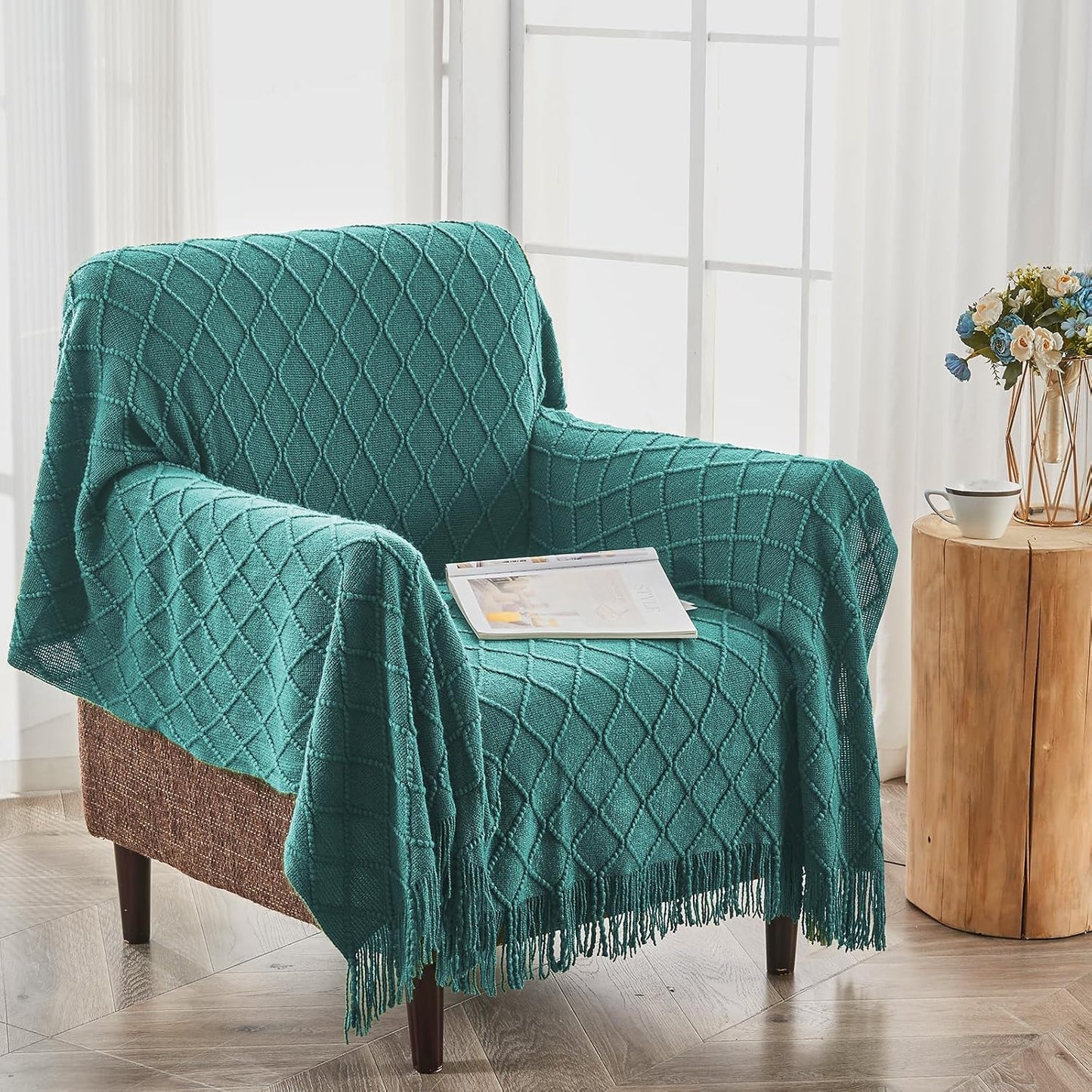 inhand Knitted Throw Blankets for Couch and Bed, Soft Cozy Knit Blanket with Tassel, Blue Lightweight Decorative Blankets and Throws, Farmhouse Warm Woven Blanket for Men and Women, 60"x80"