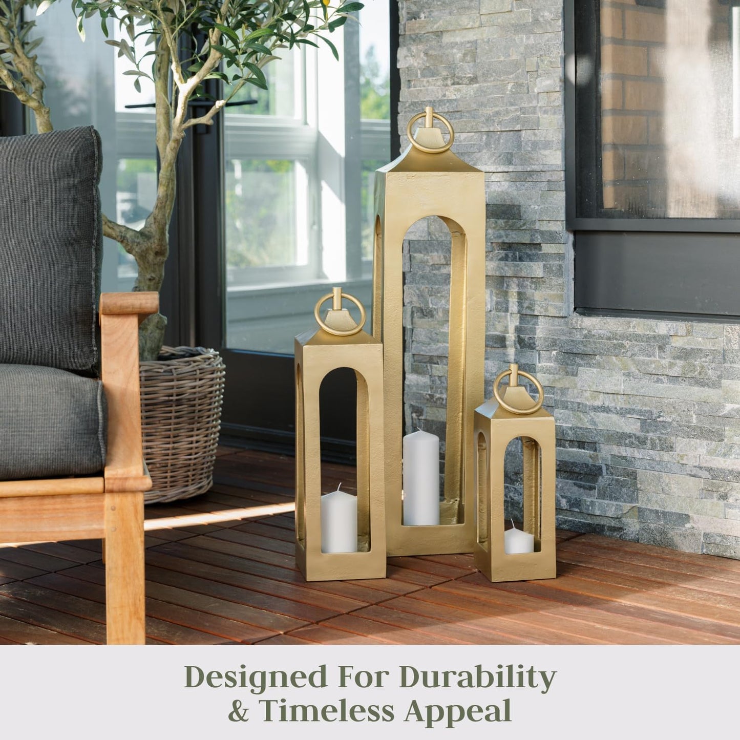 Medium Gold Lantern, Rustic Metal Decorative Lantern, Candle Holder for Indoor & Outdoor, Home Decor for Patio, Garden & Tabletop, Hanging Lantern for Parties & Weddings