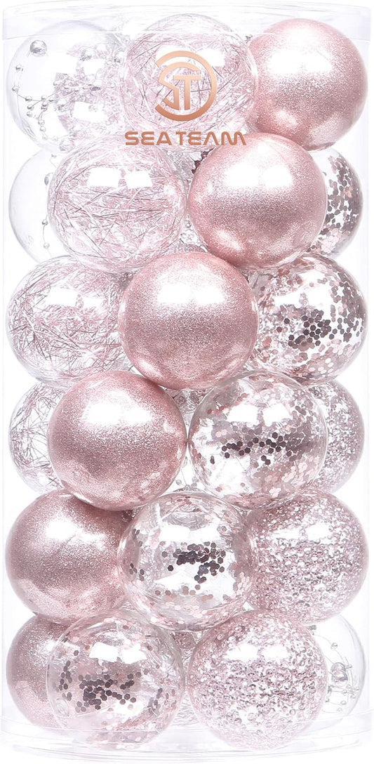 Sea Team Shatterproof Clear Plastic Christmas Ball Ornaments Decorative Xmas Balls Baubles Set with Stuffed Delicate Decorations (60mm/2.36 inch 30-Pack, Pinkish Gold)