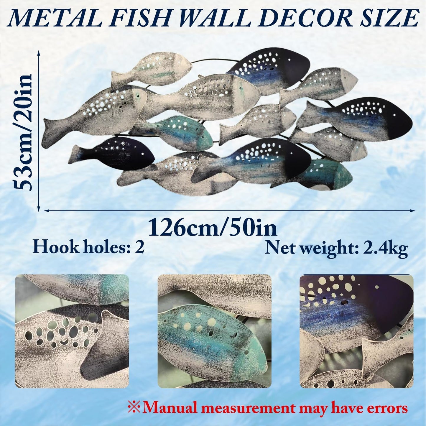 FMXYMC Coastal Ocean Metal 3D Fish Wall Sculpture, 50" x 20", Hand Painted Hanging Decoration for Living Room/Bedroom/Dining Room