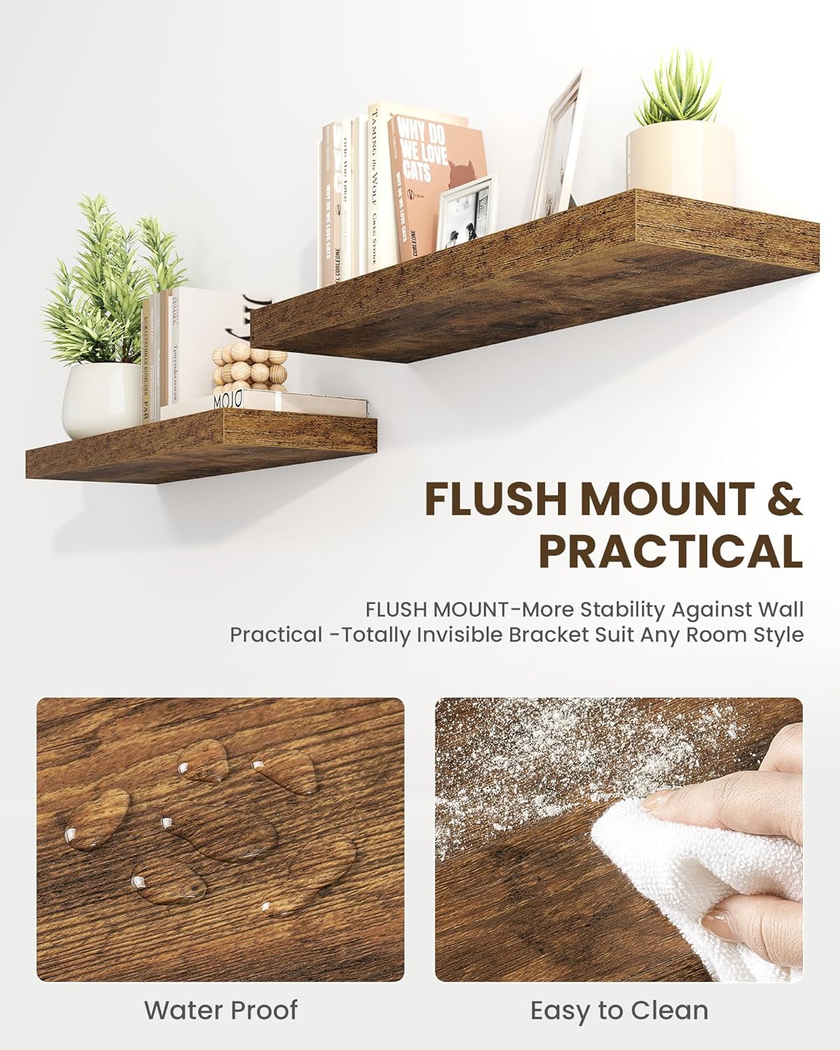 Marsmiles 55" Floating Shelves for Wall, Wooden Shelves with Invisible Brackets Set of 2, Rustic Farmhouse Wall Mounted Shelf for Kitchen Bathroom Living Room Study, Rustic Brown