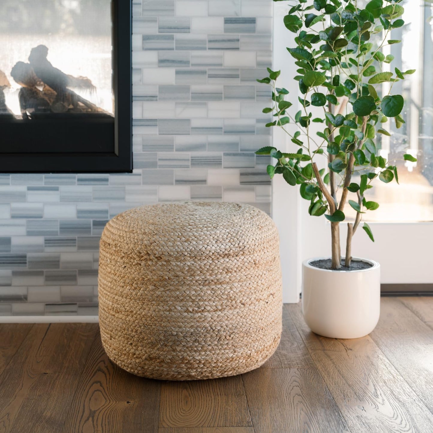 Pouf Ottoman, Round Braided Natural Jute Ottoman Pouf for Living Room or Bedroom, Floor Chair, Foot Rest or Decorative Home Decor