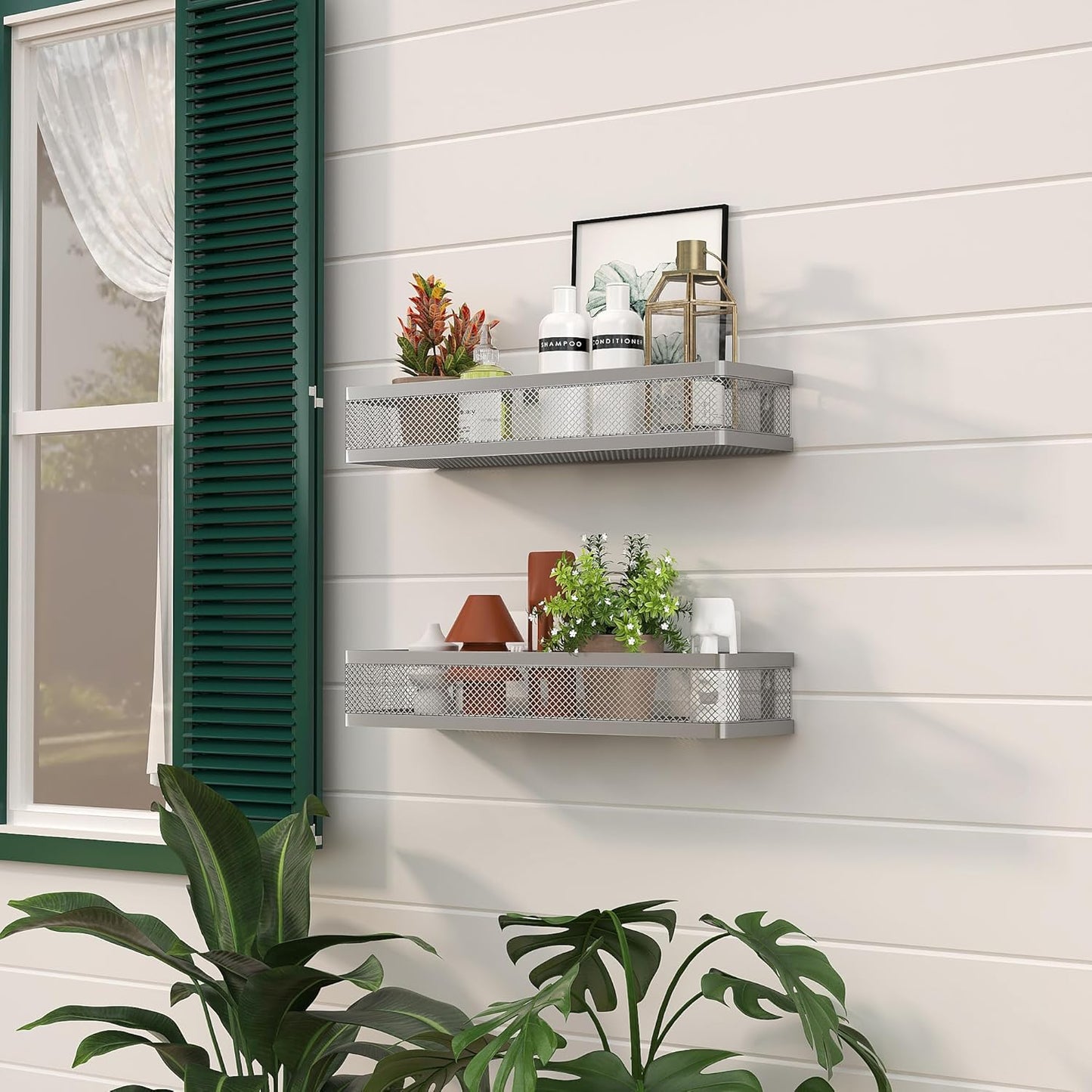 PUSDON Metal Wall Hanging Basket 2 Packs DIY Suitable for Multiple Scenes - Large Silver Grey Netting