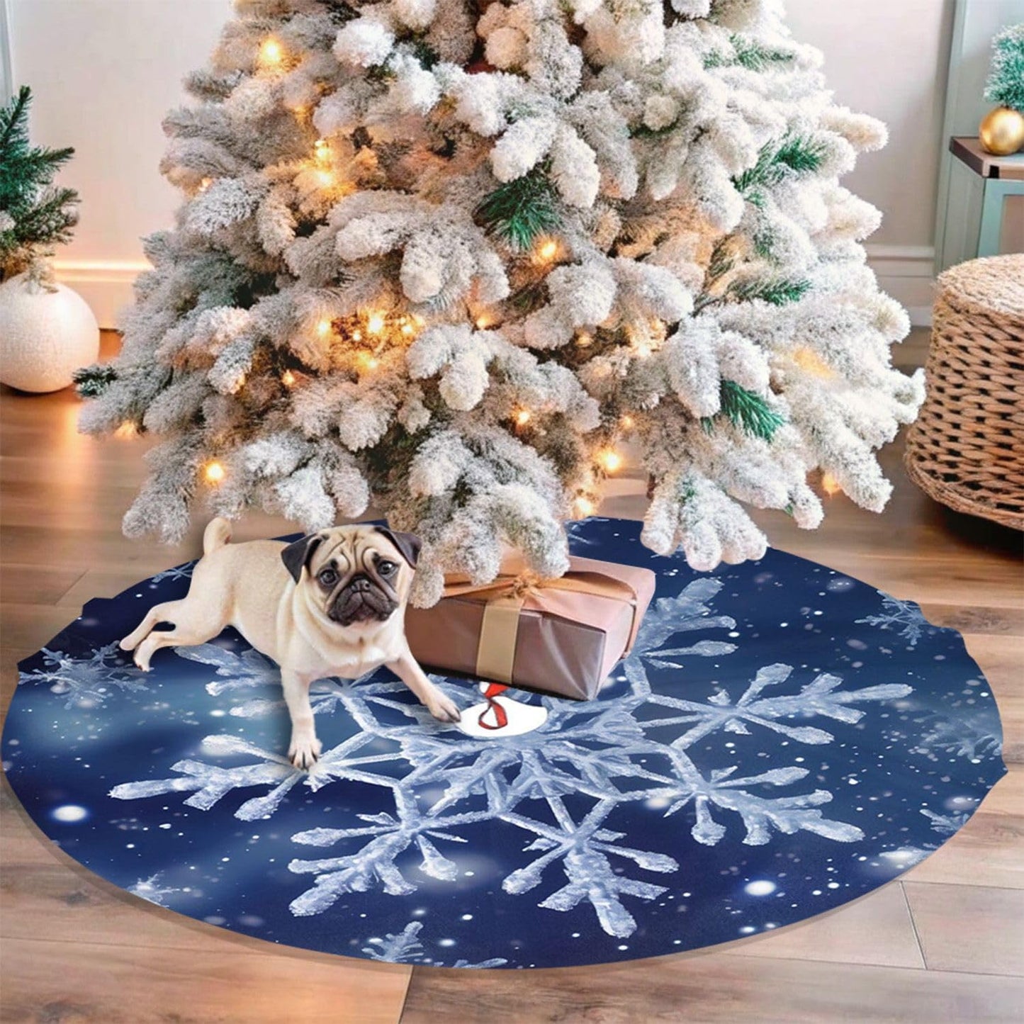 48" Blue Snowflakes Christmas Tree Skirt Large Tree Mat Base Cover for Xmas Festive Holiday Party Decoration Ornaments