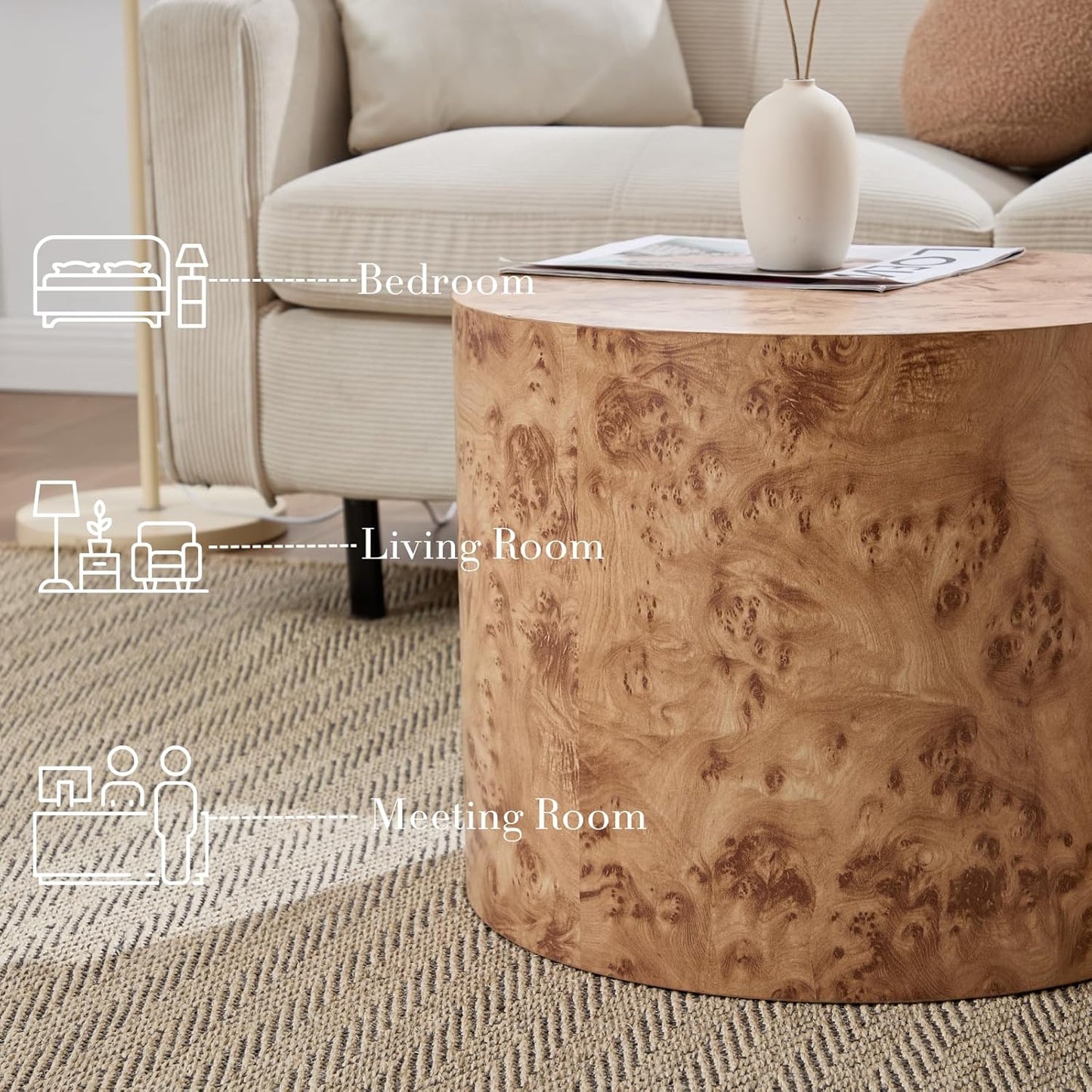 Round Coffee Tables Side Table Set of 2, Wood Nesting End Table for Living Room Balcony Office, Walnut Wooden Color, Natural Burl Color, No Assembling