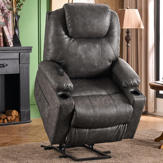 SALOHZA Power Lift Recliner Chair for Elderly with Massage and Heat for Living Room, Electric Recliner Chair for Adults with USB/Type C Port/Cup Holders, PU Faux Leather, Grey
