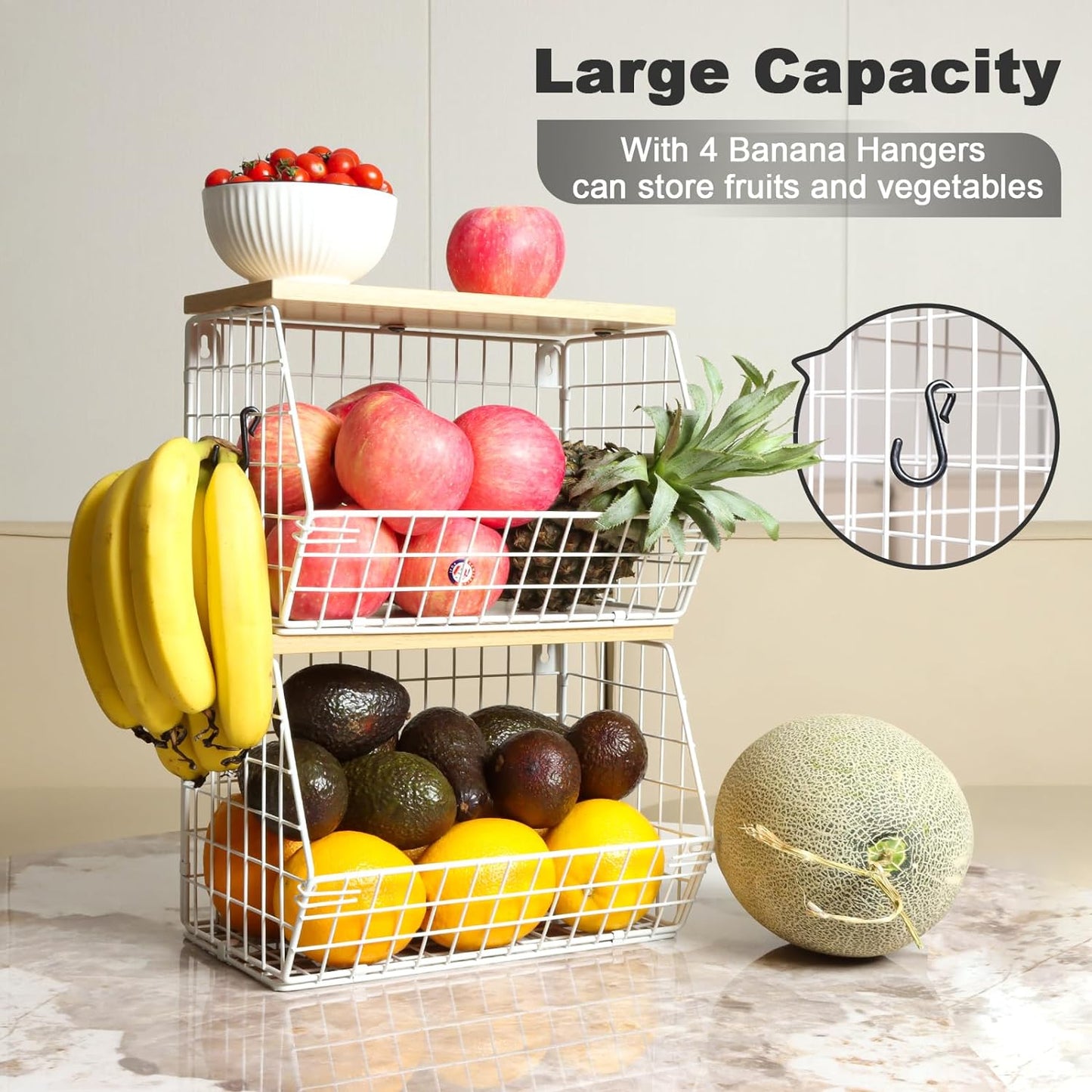 Fruit Basket, 2-Tier Fruit Bowl for Kitchen Counter, Stackable Wall Mounted Fruit Storage, Snack Organizer, Potato and Onion Storage Basket, Hanging Pantry Storage with Wood Lid, 2 Set, White