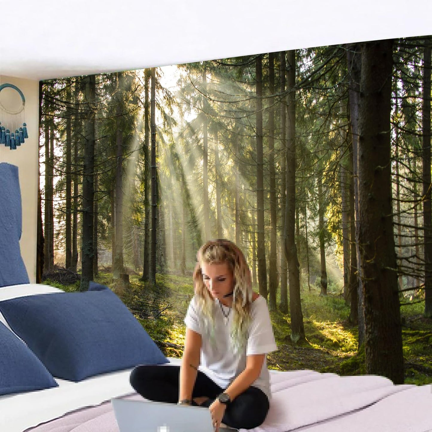 Onivein Forest Tapestry Nature Sunlight Streaming Through Green Trees Wall Hanging for Bedroom Living Room Office Decor 80 x 60 Inches