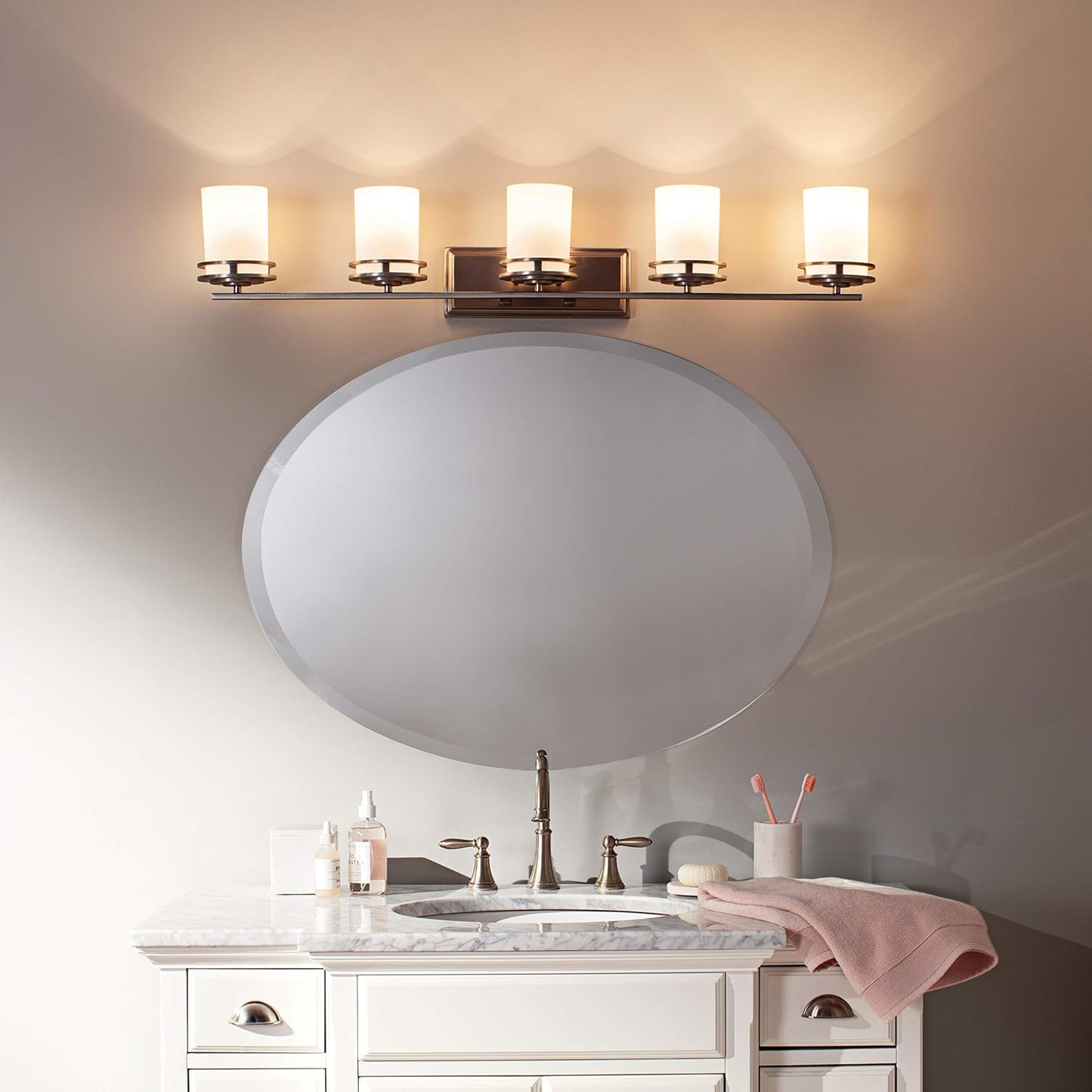 Kichler Hendrik 43" Vanity Light in Brushed Nickel, 5-Light Modern Bathroom Vanity with Satin Etched Cased Opal Glass, (43" W x 7.75" H), 5085NI