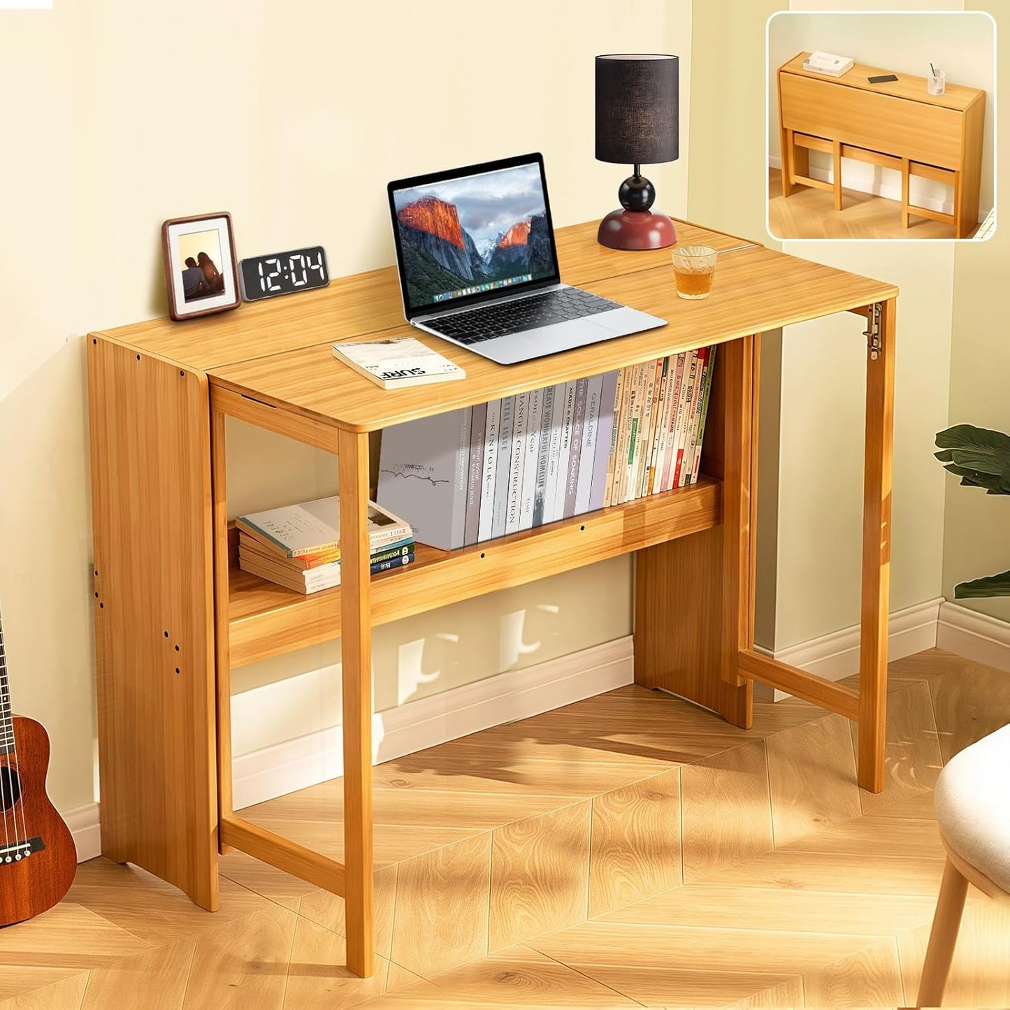 39.37" Bamboo Folding Desk,Space-Saving Computer Desk for Small Spaces, Foldable Study Table for Bedroom, Home Office, Dorm, Apartment (Natural)