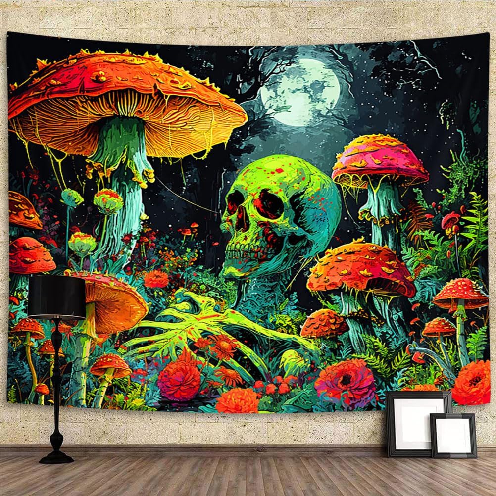 Xiaoput Blacklight Skull Tapestry, Black Light Skeleton, UV Reactive Neon Gothic for Men, Glow in Dark Trippy Forest Wall Hanging, 60X51IN