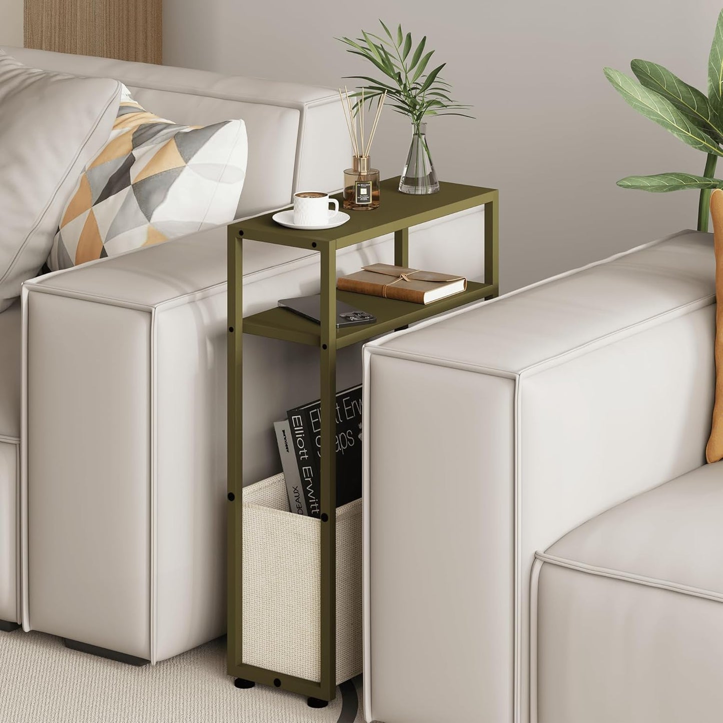 Narrow Side Table, Slim End Tables with Fabric Basket, Skinny Table for Small Spaces, Thin Bedside Table for Living Room, Bedroom (1, Forest Green + Camel Brown)