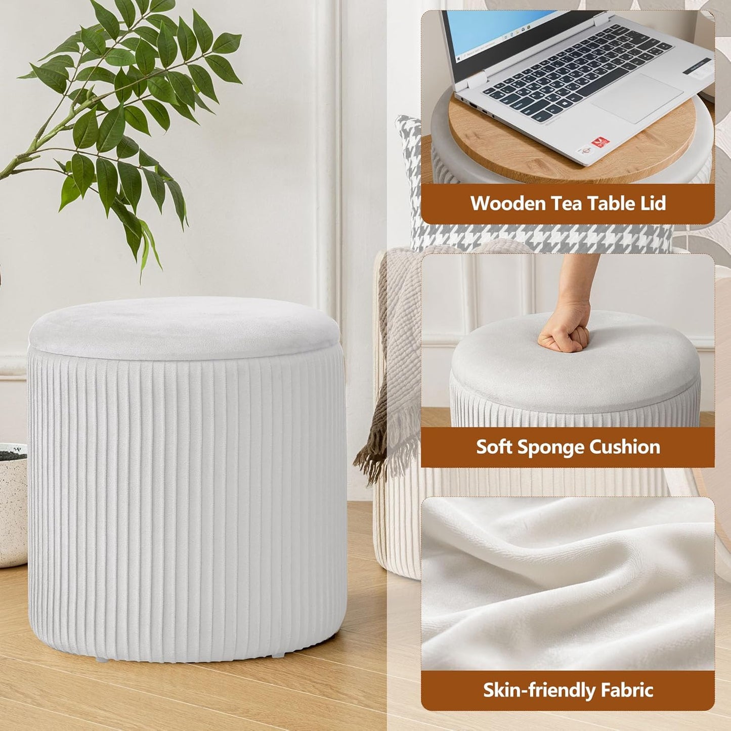 Ottoman with Storage Set of 2, Velvet Storage Ottoman, Upholstered Sponge Vanity Stool Support 300lbs, Multifunctional Coffee Table Foot Rest Ottomans for Living Room Bedroom, White