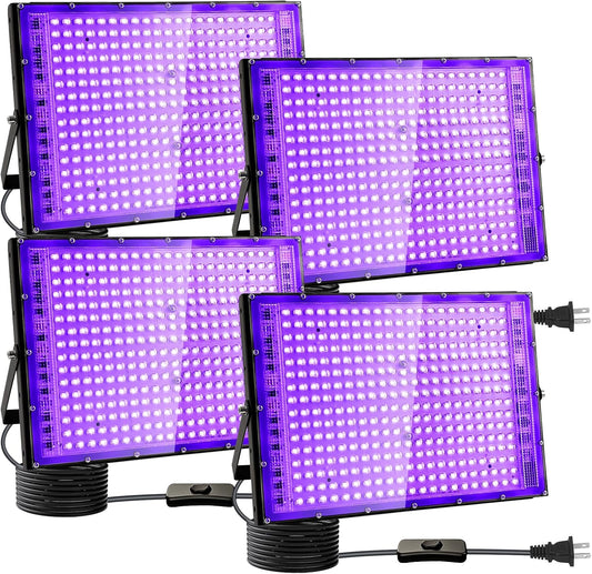 4 Pack 300W Black Lights, Blacklight Flood Light with Plug and Switch,for Glow Party, Black Light Party, Halloween, Body Paint, Neon Glow, Stage Lighting, Fluorescent Poster