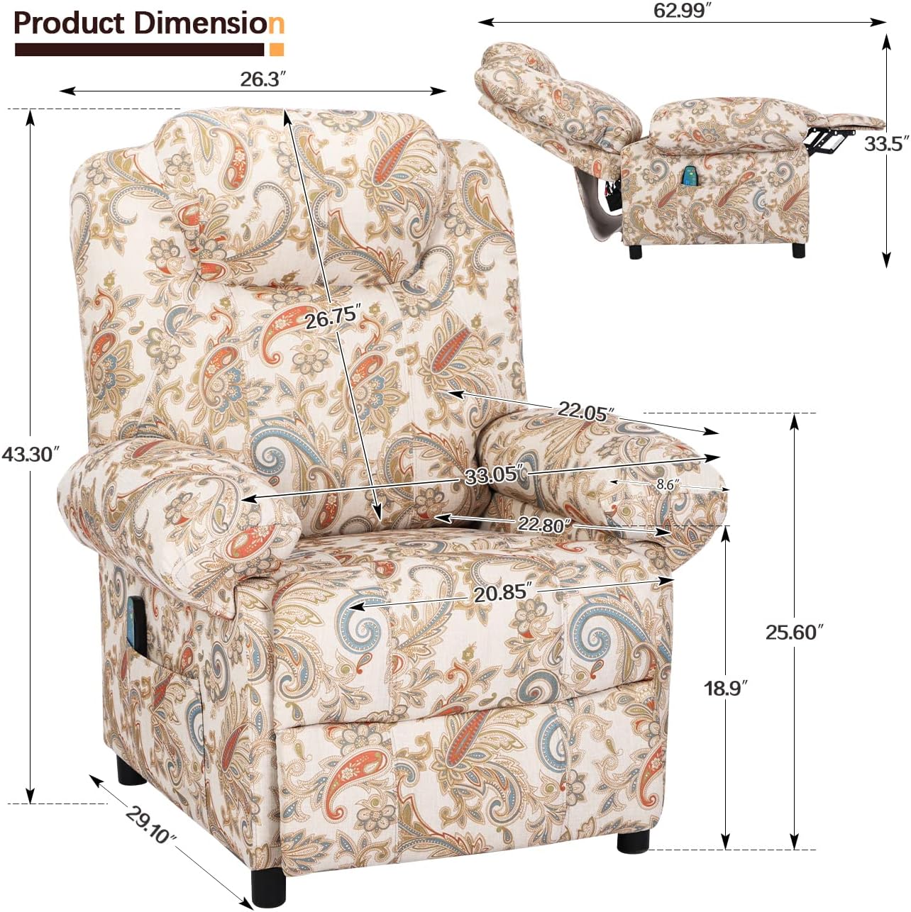 KCREAM Manual Massage Chair Recliner for Adult, Fabric Small Recliner Chairs with Side Pockets and Vibration,Single Sofa Home Theater Seating,Floral