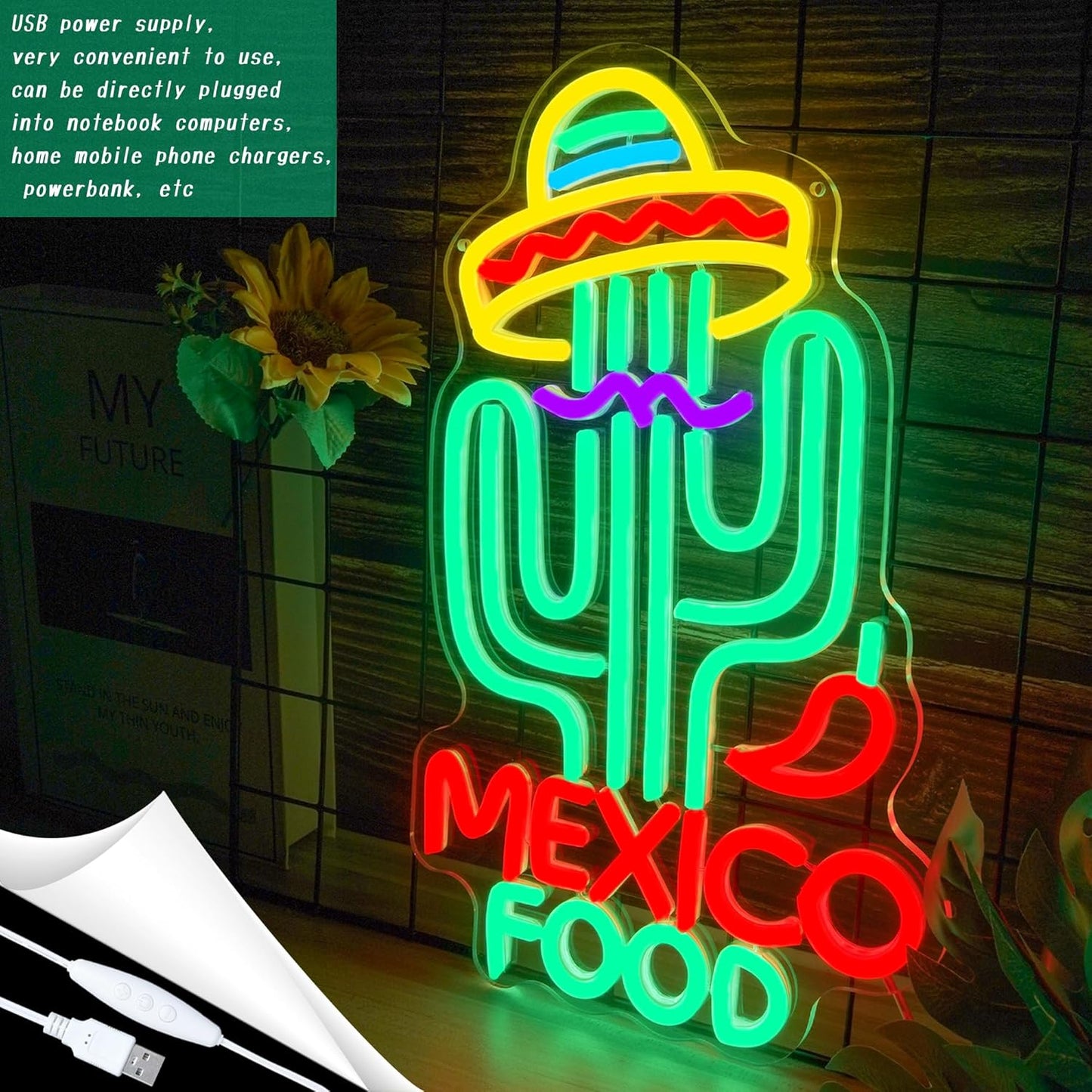 Mexican Food Neon Sign Cactus Neon Lights Dimable Colorful LED Mexican Art Lights Wall Decor for Mexican Restaurants Bars Food Trucks Unique Gift for Taco Enthusiasts Fiesta Parties (15×9.1inch)