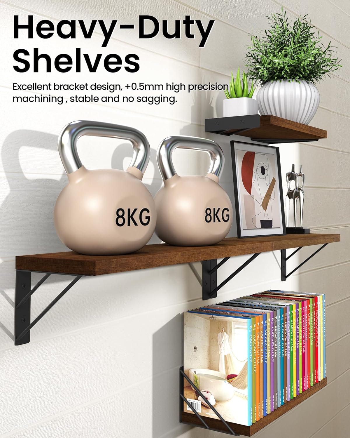 BAYKA Floating Shelves for Wall, Book Shelf for Bedroom, Wall Decor Shelves for Living Room Kitchen, Mounted Wood Floating Shelf for Home Decor, Corner Shelf for Bathroom, Office(Set of 4)