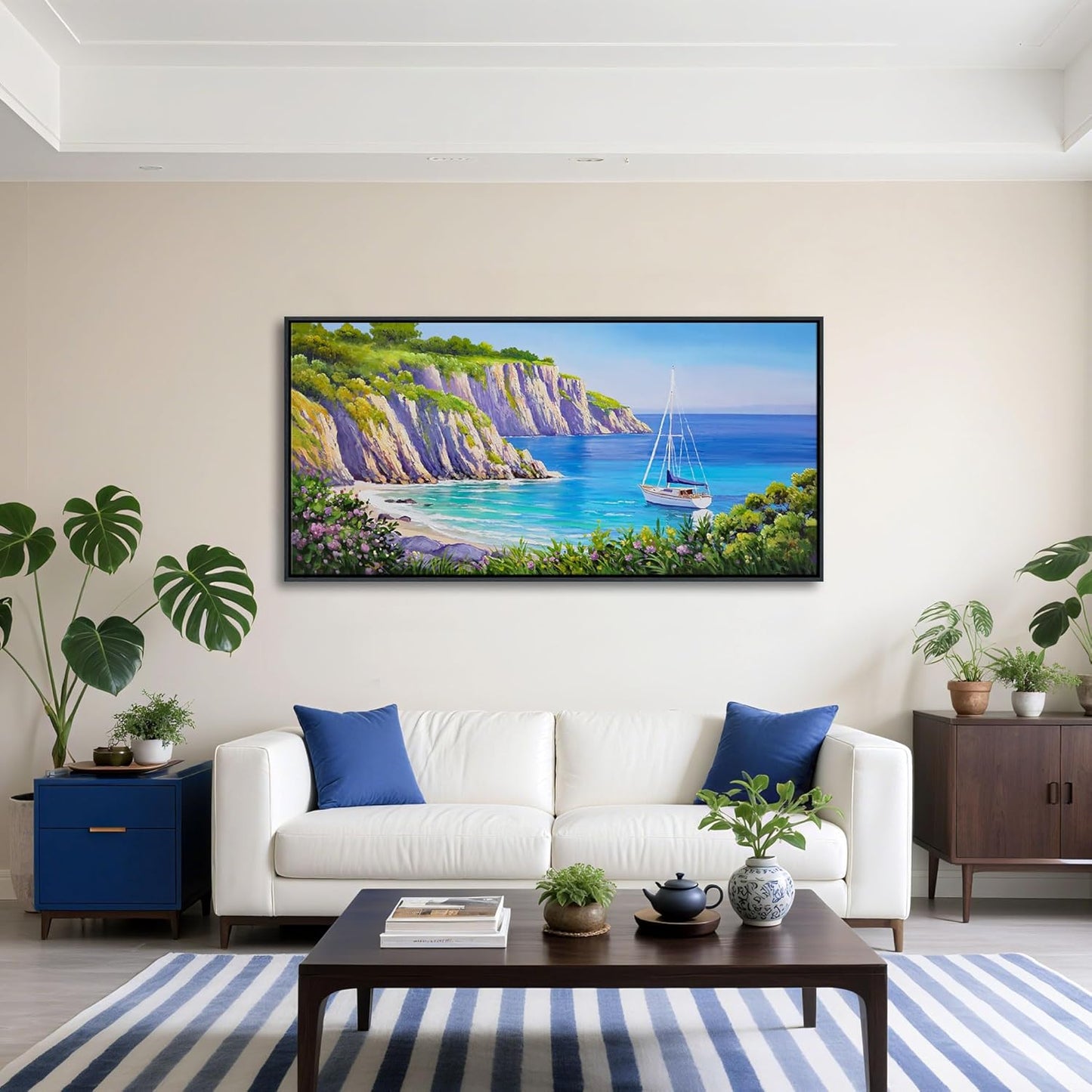 QZQCBLC Large Coastal Wall Art - Blue Sea Sailing Boat Canvas Pictures Purple Flower Mountains Ocean Landscape Paintings Artwork for Living room Bedroom Home Office Framed Beach Decor 24"X48"