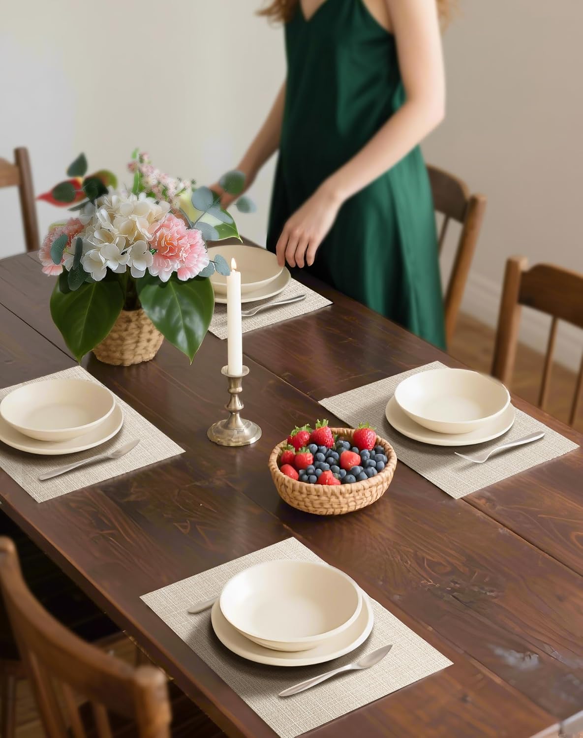 Leetaltree Beige Placemats Set of 12 - Heat Resistant Non-Slip Place mats for Dining Table, Washable Durable PVC Vinyl Woven Table Mats（Beige, 12）