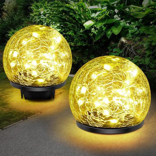Solar Garden Lights, 2 Pack 80 LED Cracked Glass Solar Globe Lights Outdoor Decoration, Upgraded Waterproof Warm White Ball Lights for Yard Pathway Patio Lawn Christmas Outside Decor, 5.9"