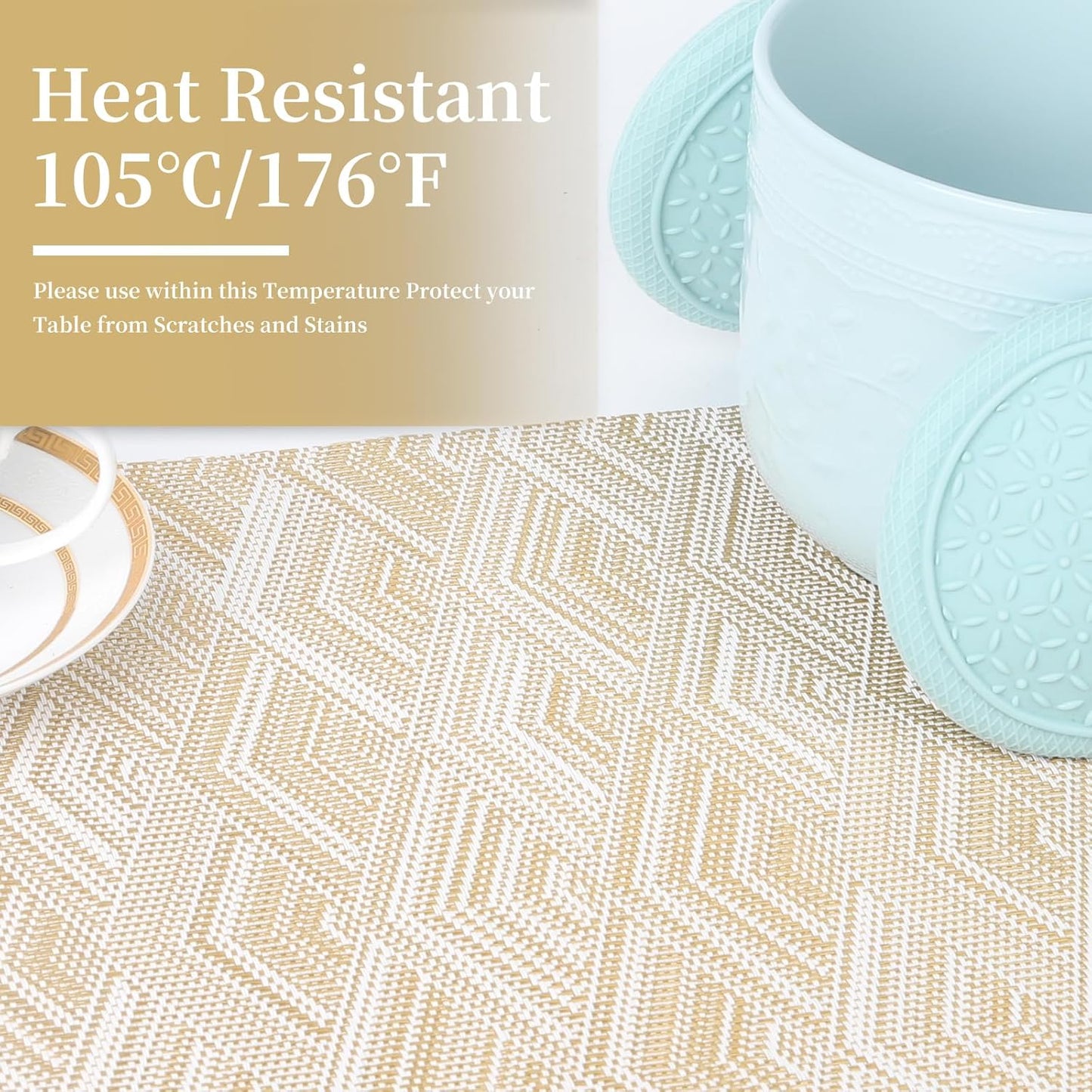 Vinyl Plastic Placemats Set of 6 Washable Heat Resistant Non-Slip Elegant Indoor Outdoor Kitchen Dining PVC Woven Table Place Mats (Gold Yellow Rhombus)