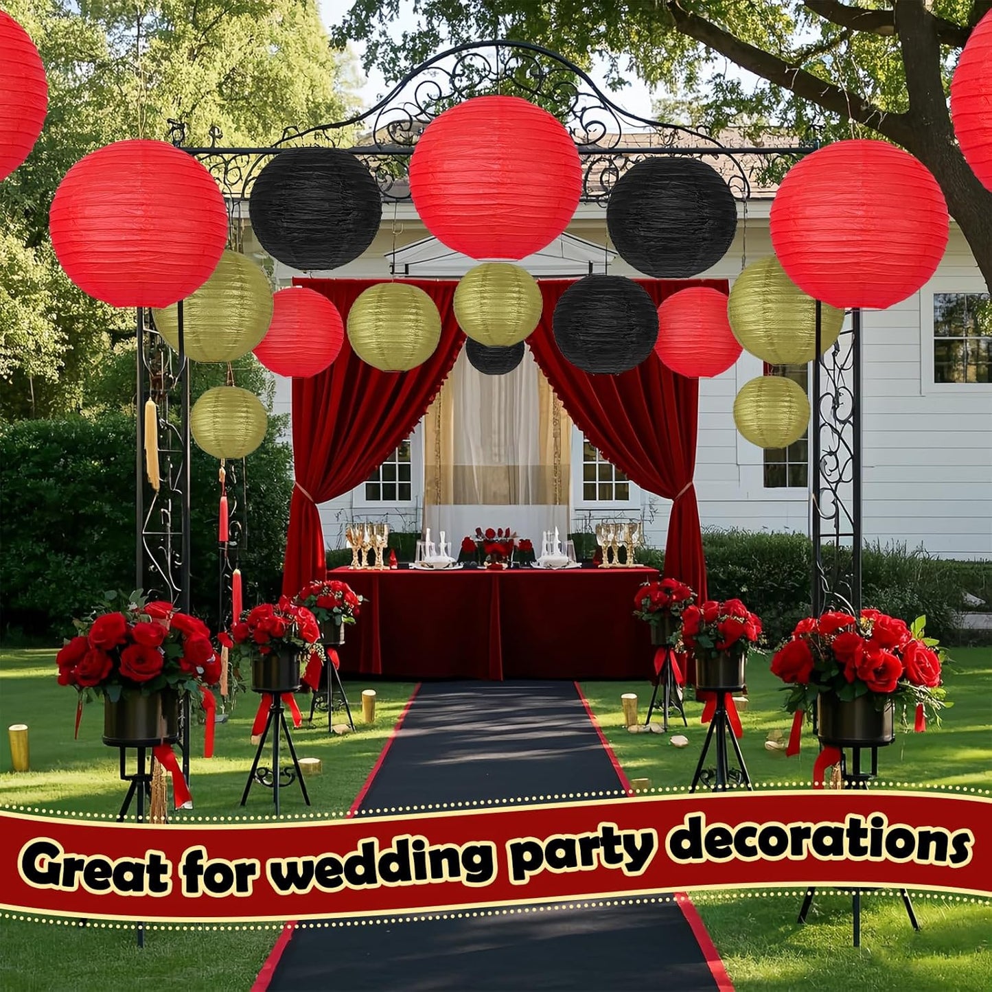 12Pcs Round Paper Lanterns Assorted Sizes (6" 8" 10" 12") for Home Decor, Wedding, Birthday, Hibachi Party, Casino Theme Party Decorations, Hanging Chinese Japanese Paper Lamps (Black Red Gold)