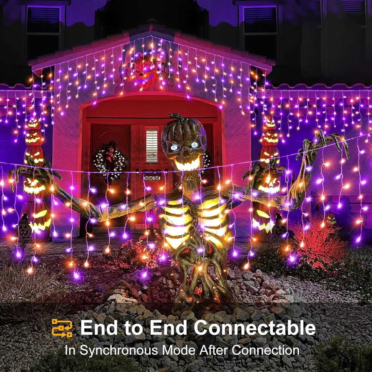 Orange and Purple Halloween Lights Outdoor Indoor, 33ft Icicle Lights for Outside 400 LED Twinkle Christmas Light with 75 Drops Clear Wire Short Curtain Light for House Party Tree Holiday Yard Decor