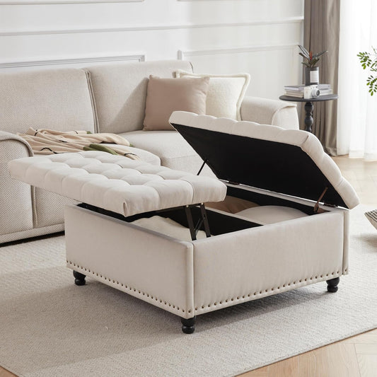 Tbfit Large Square Storage Ottoman Bench, Tufted Upholstered Coffee Table with Lift Top & Solid Wood Legs, Oversized Storage Ottomans Toy Box for Living Room (Beige)