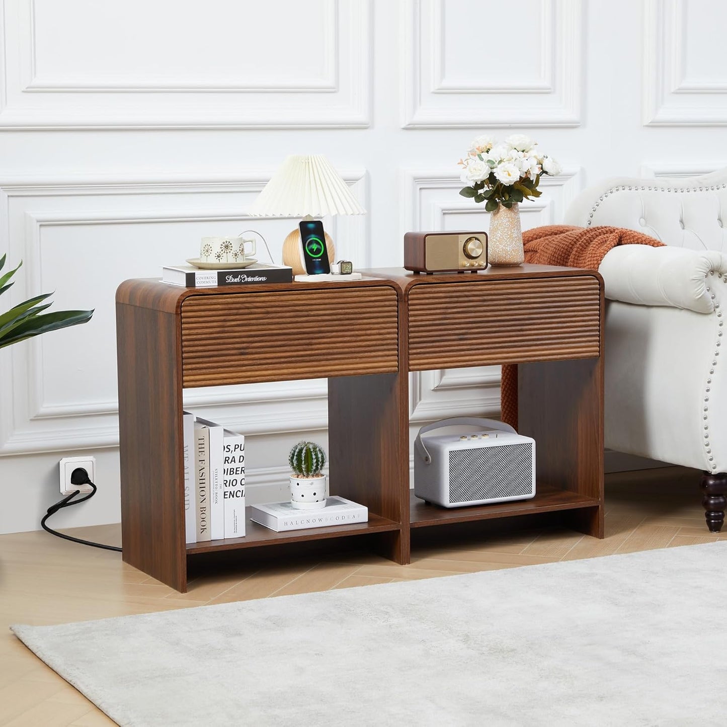 Fluted Nightstand Set of 2 with Charging Station, Modern Bed Side Table End Table with Drawer Storage, Large Wooden Night Stands Bedside for Bedroom Living Room Sofa Office, Walnut 2 Sets