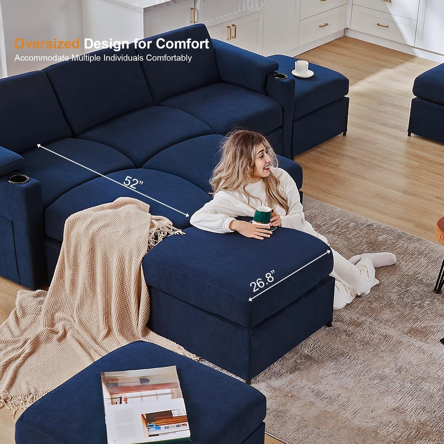 Modular Sectional Sofa Couch for Living Room Velvet Cloud Couches Oversized U Shaped Convertible Sleeper Sofa Chaise Detachable Armrest Cushion Cup Holder (Blue, 8 Seats)