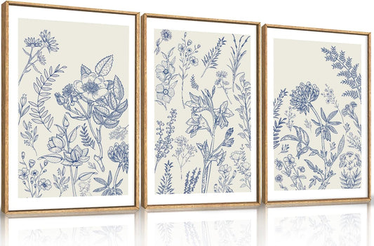 HPINUB Classic Chinoiserie Floral Framed Canvas Wall Art Set,Watercolor Blue and White Botanical Flowers Wall Decor,Navy Blue Minimalist Wildflower Art Print for Living Room,Bedroom,Office-16 x24 x3