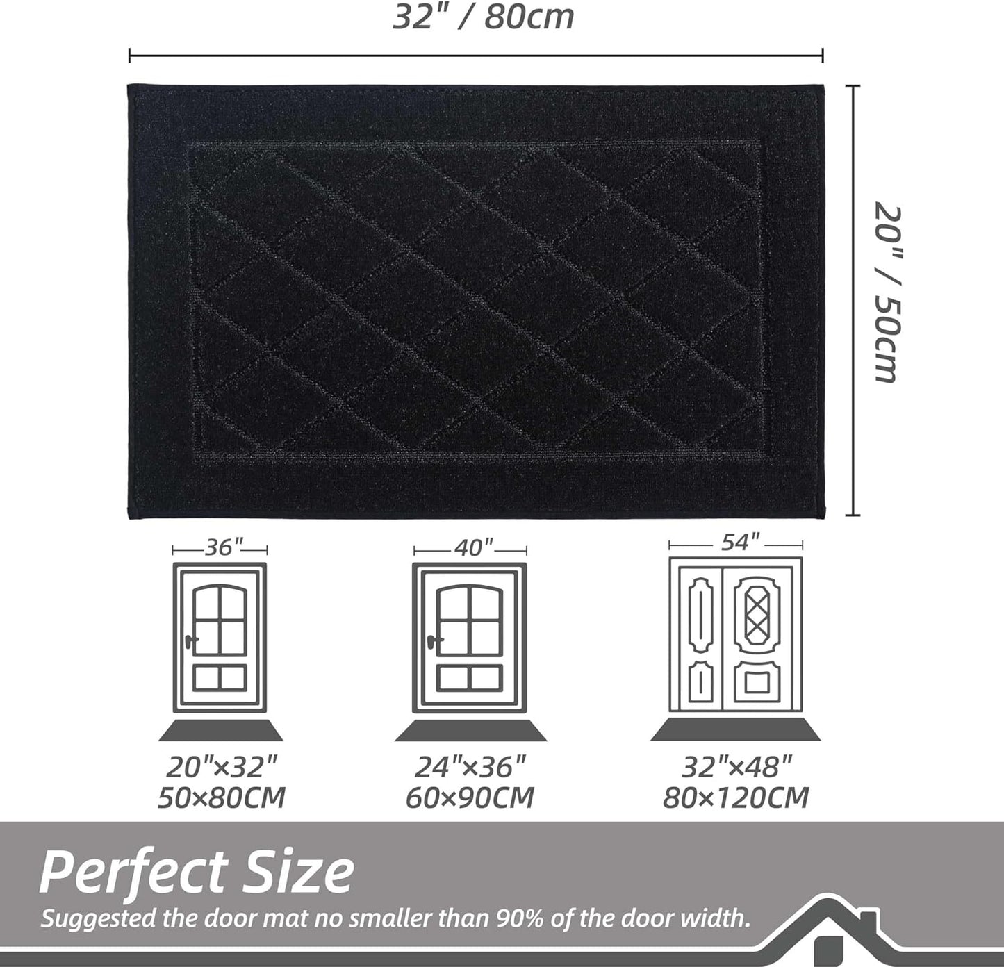 BEQHAUSE Dirt Trapper Door Mat 20" x 32", Doormat Non-Slip Entryway Rugs Washable, Dog Door Mat Stain Resistant and Absorbent Welcome Floor Mat for Front Back Door, Muddy Wet Shoes & Paws, Black