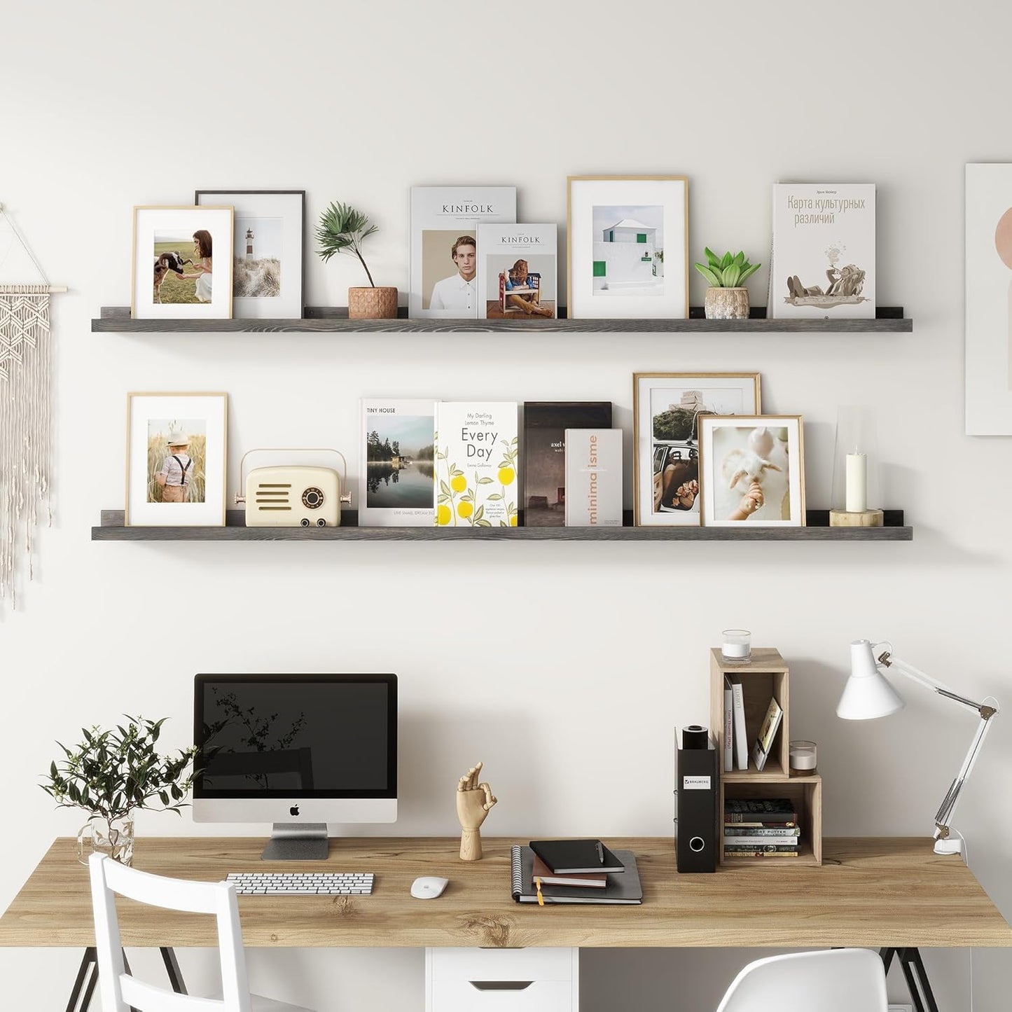 Picture Ledge Shelf, Floating Shelves Set of 2, Solid Pine Wood 72'' Long Large Nursery Book Shelves for Toys Storage, Kids Bookshelf for Living Room Bedroom Decor Books Photo Frames, Grey