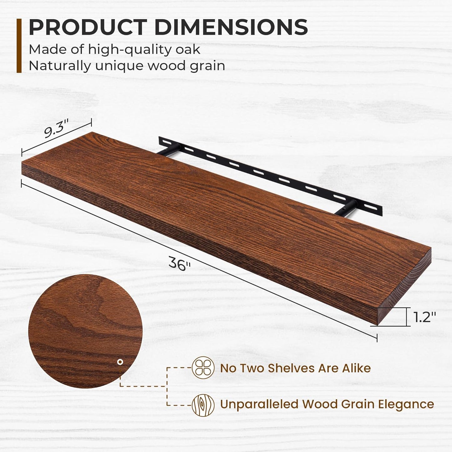 Fun Memories Solid Oak Wood Floating Shelves, 9.3 Inch Deep Natural Wood Shelf with Invisible Heavy Duty Bracket for Bathroom Bedroom Kitchen - 36inch Set of 2, Walnut