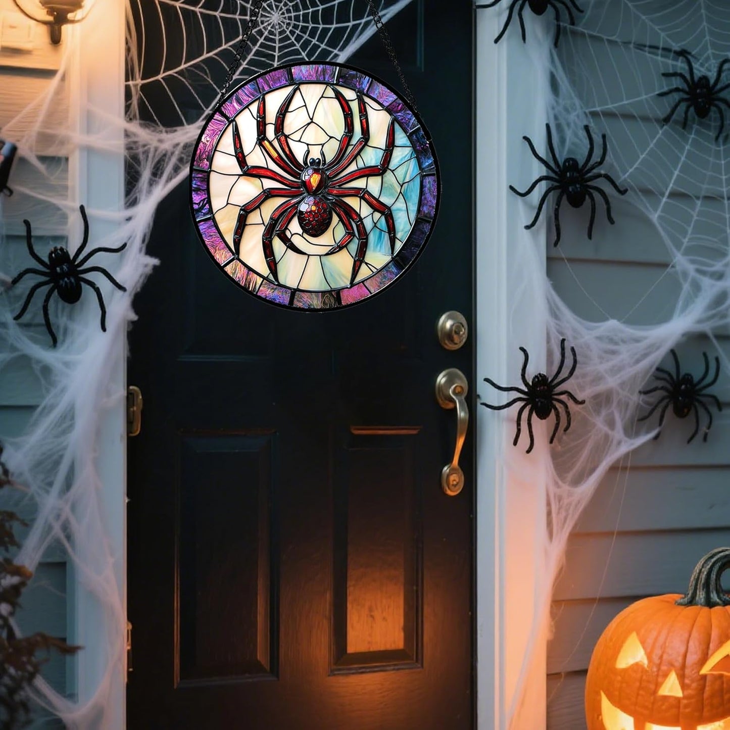Stained Glass Window Hanging - Halloween Decorations Red Spider Goth Suncatcher for Doors Garden Indoor Funny Spooky Sun Catchers Gothic Decor Horror Gifts for Women Men Friend 15 in
