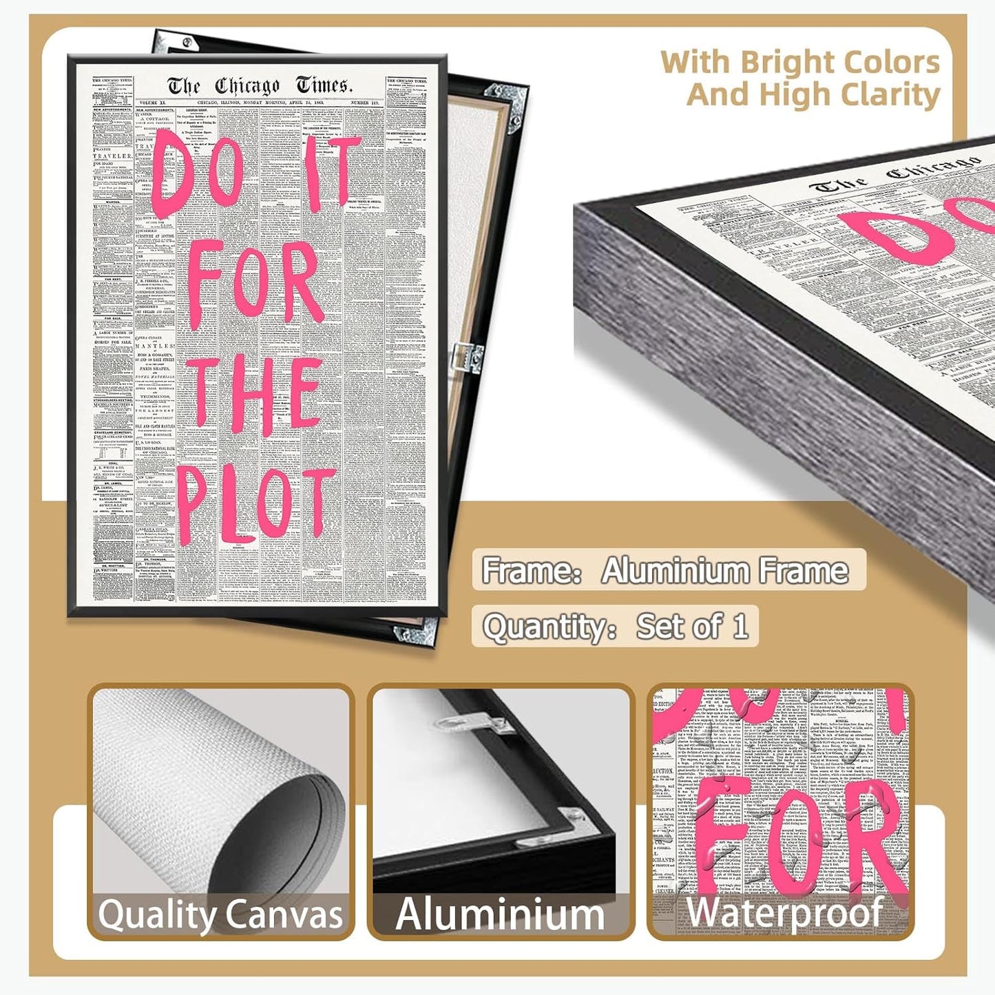 Liyark Retro Black And White Chicago Newspaper Poster Pink Trendy Preppy Apartment Art Motivational Affirmation Do It For The Plot Prints For Home Bedroom Living Room Wall Decor 16x24in Framed