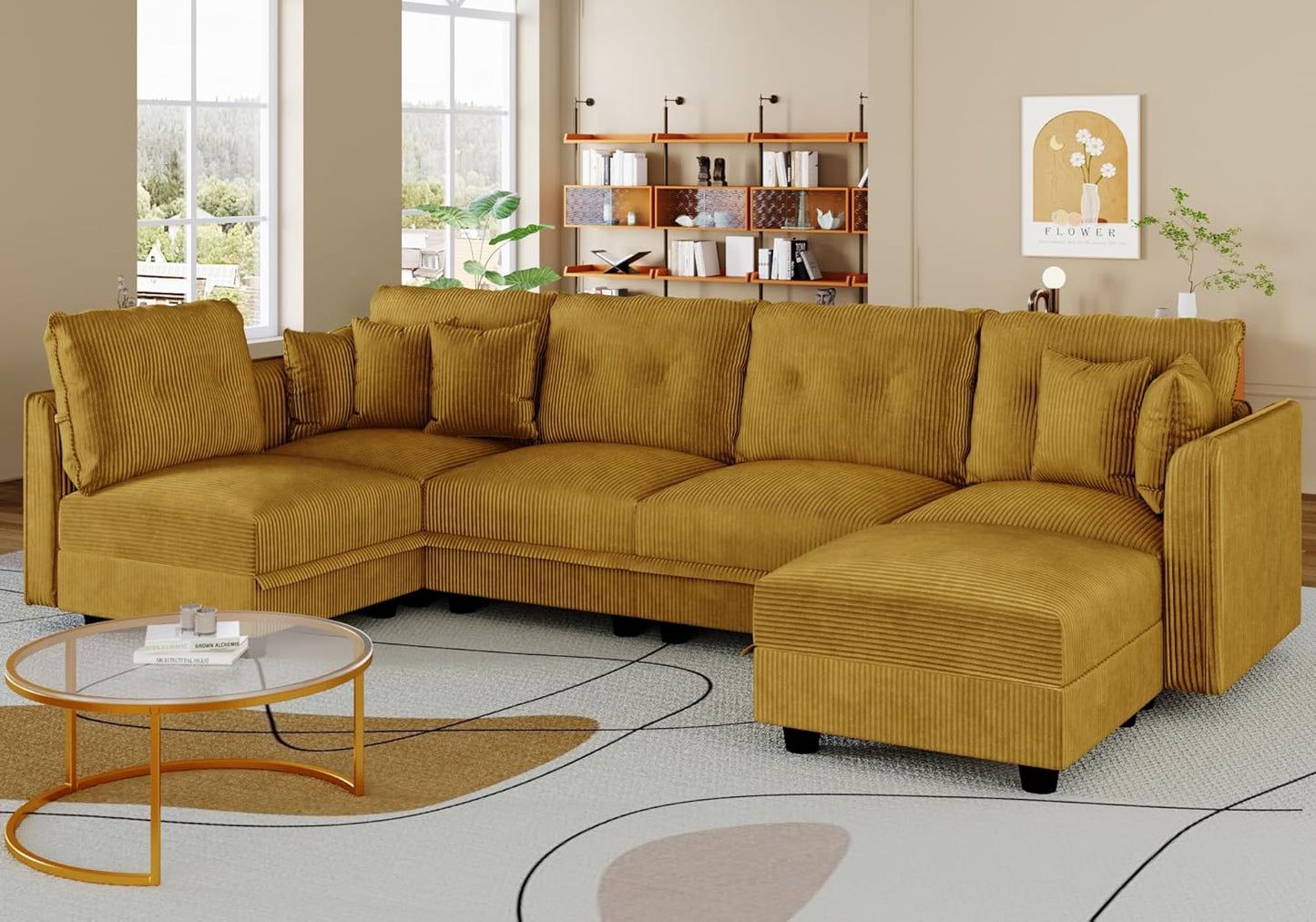 LLappuil Modular Sectional Sofa with Storage Seats, Corduroy Convertible Modular U Shaped Sectional Couch for Living Room, 6 Seat Oversized Sofa with 5 Back Cushion 5 Throw Pillow, Yellow