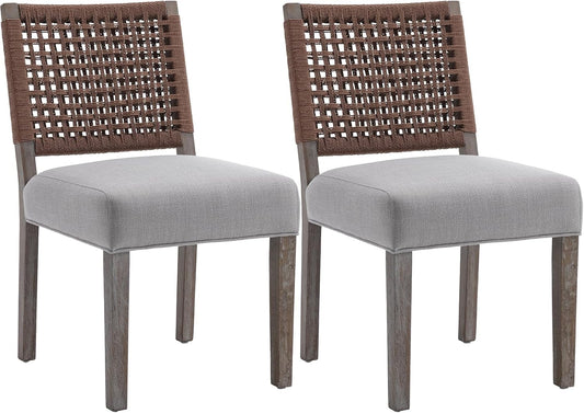 Kmax Farmhouse Dining Chairs Set of 2, Rustic Kitchen Chairs with Linen Fabric Seat and Woven Back, Vintage Accent Chairs for Dining Room, Living Room, Grey